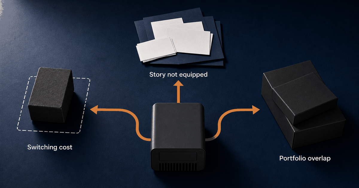 Illustration: a diagnostic map on a deep navy background. A matte black device sits at the centre with three orange arrows leading away from it, to a block outlined in dashes labeled &ldquo;Switching cost&rdquo;, to a stack of papers labeled &ldquo;Story not equipped&rdquo;, and to two stacked boxes labeled &ldquo;Portfolio overlap&rdquo;.