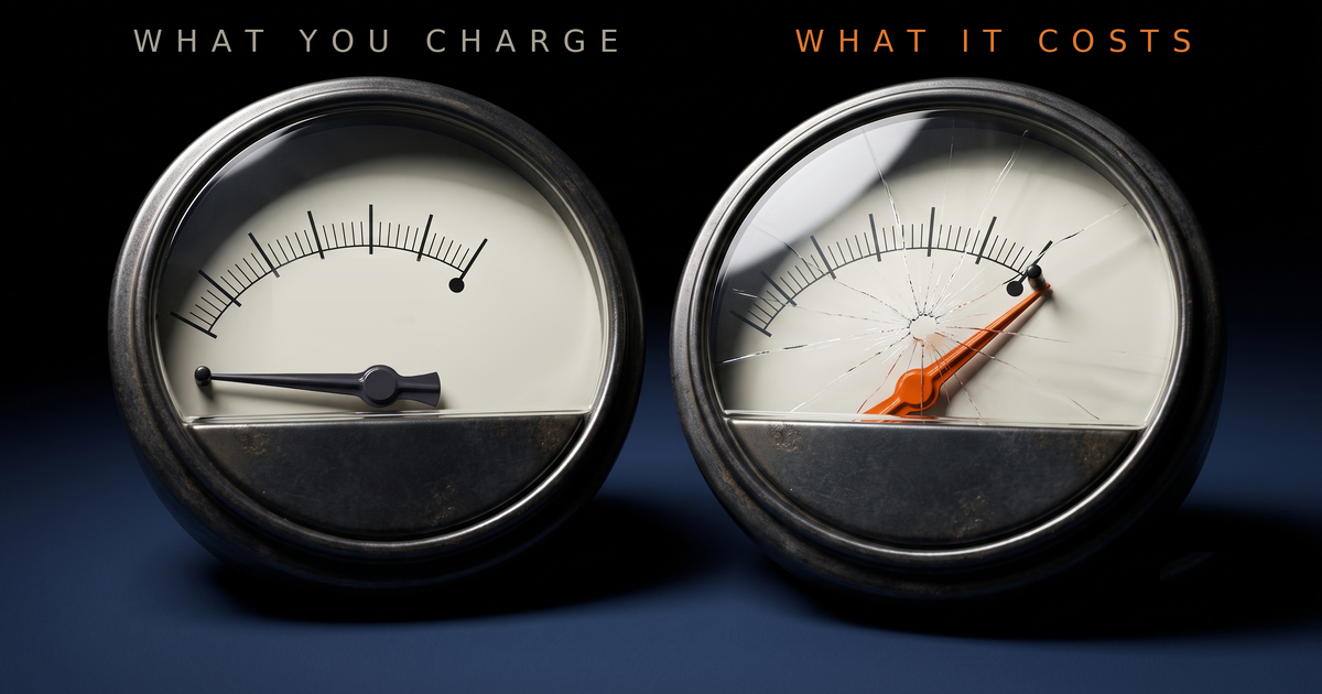 Illustration: two identical analog meters on a navy surface. The one labeled &ldquo;what you charge&rdquo; reads calm and low; the one labeled &ldquo;what it costs&rdquo; has its orange needle slammed past the end of the scale, glass cracked.