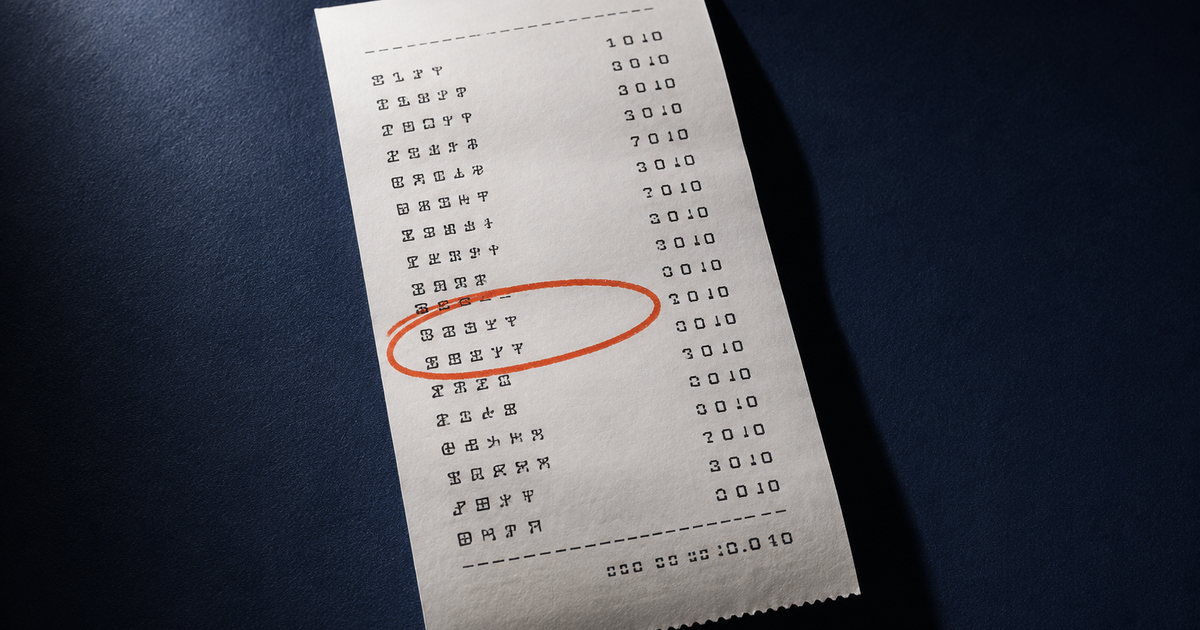 Illustration: one long bill on a dark surface, with the same charge appearing twice and the duplicate circled in orange.