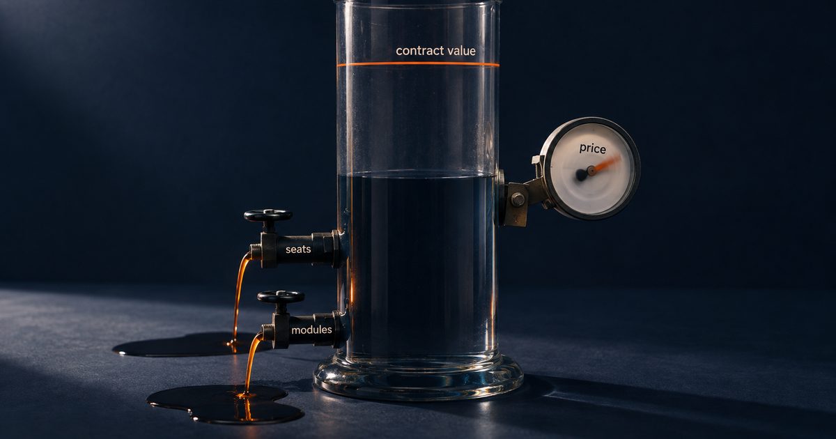 A glass cylinder on a navy surface: an orange &ldquo;contract value&rdquo; line near the top, the liquid far below it, valves labelled &ldquo;seats&rdquo; and &ldquo;modules&rdquo; draining out.